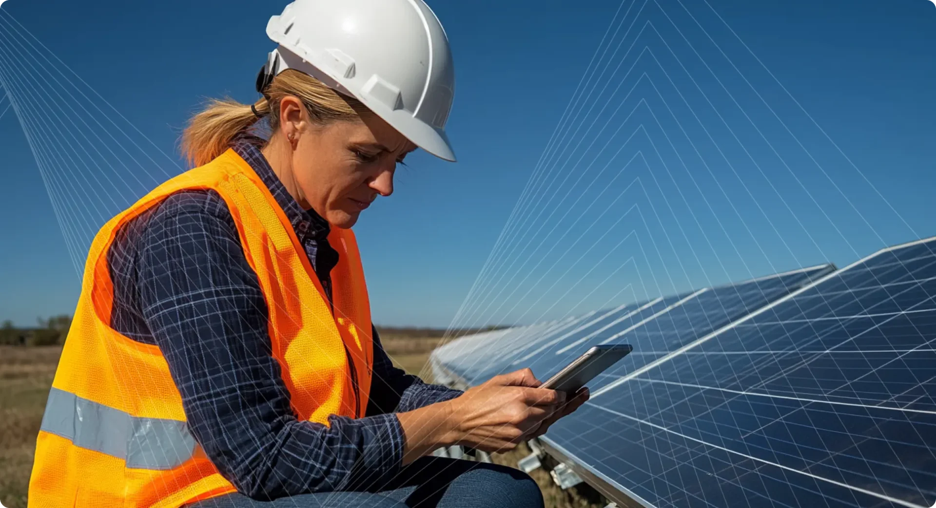 Woman in safety gear sitting next to a solar panel with a tablet in her hands.