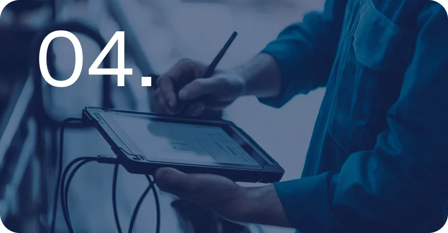 Person holding a hardware device with the number 04. displayed in the foreground.